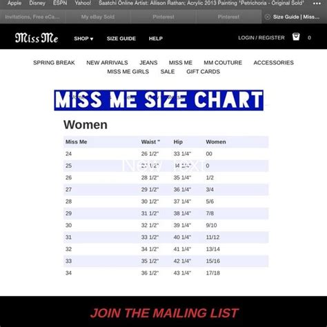 Miss Me Jeans Size Conversion Chart