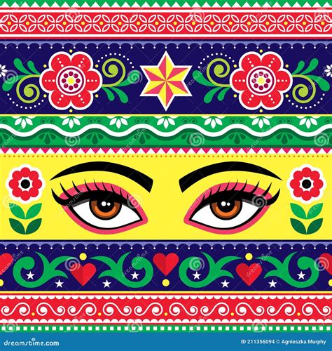 Pakistani Or Indian Truck Art Vector Seamless Pattern With Female Eyes ...