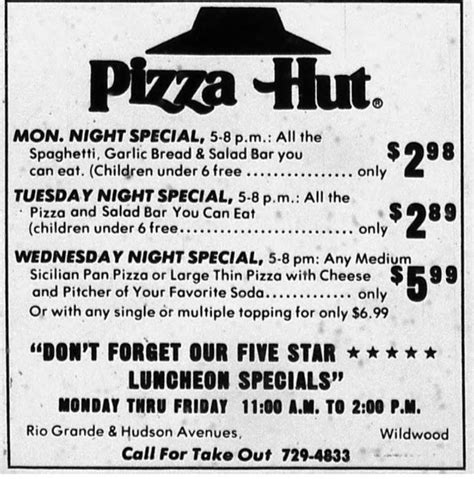 Pizza Hut weekday specials in Wildwood, NJ (March 12, 1980) : r ...