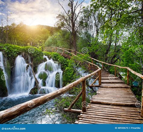 Waterfalls and Pathway in the Plitvice National Park, Croatia Stock ...