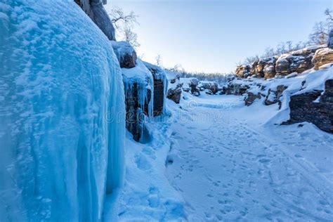 Blue Ice in Winter Canyon, Abisko National Park, Sweden Stock Photo ...