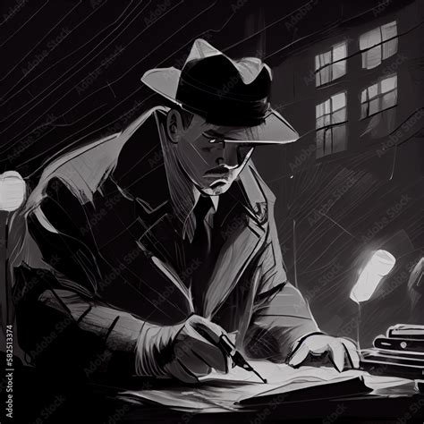 A detective investigates a case in the dark in a hat and cape. Retro ...