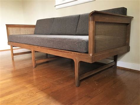 Mid Century Modern Walnut & Rattan Sofa by Drexel Furniture Company - EPOCH