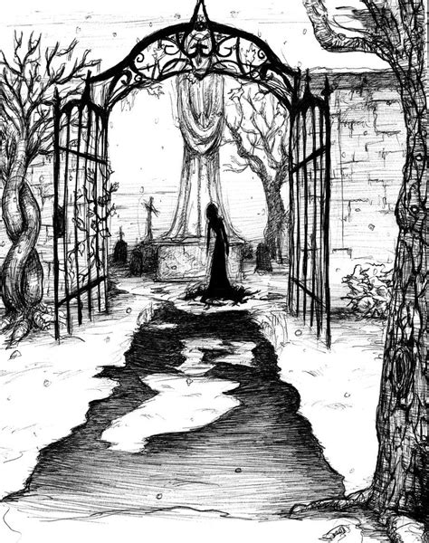 Spooky Church Graveyard Drawing