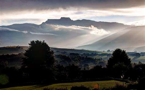 champagne, Castle, Drakensberg, South, Africa, Buildings, Trees, Fog, Clouds, Mountains, Sky ...