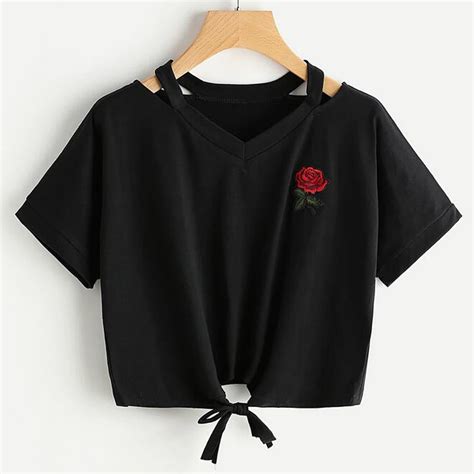 Summer Kawaii Cute T Shirt Embroidery Rose Print Aliens T Shirts Women ...