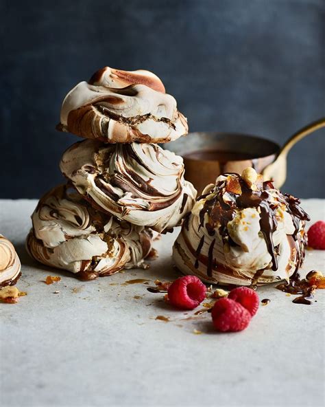 Chocolate swirl meringues with praline and chocolate caramel sauce recipe | delicious. magazine ...