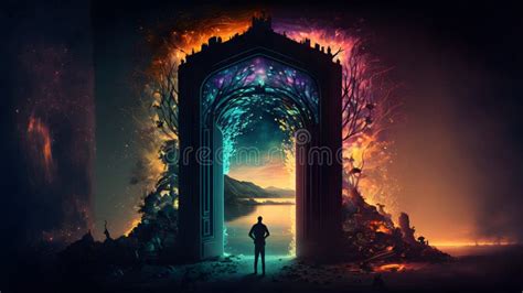 Man Standing in Front of Opened Magic Door To Fantasy World, Neural ...