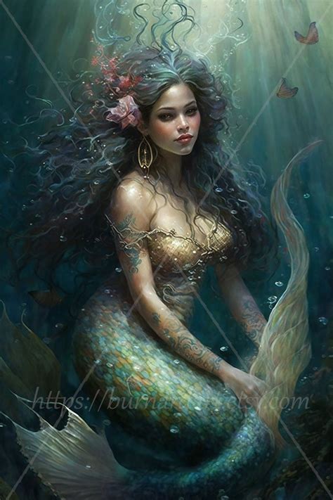 Digital Download Beautiful Mermaid With Tail in Sea Long Hair ...