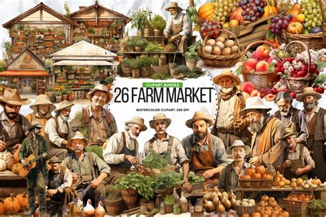 Vintage Farmers market Clipart Bundle, Set Of 26 Png Bundle