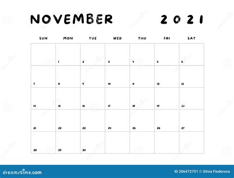 November 2021 Minimalist Calendar Template Stock Illustration - Illustration of july, october ...