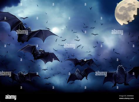 Bats flying in the sky lit by the full moon on Halloween night. 3D ...