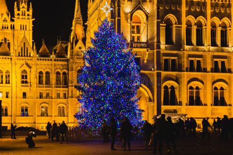 Christmas Tree in Front Off Parliament Building, at Kossuth Square, Budapest, Hungary Editorial ...