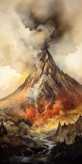 Premium AI Image | Volcano Painting In Watercolor Style