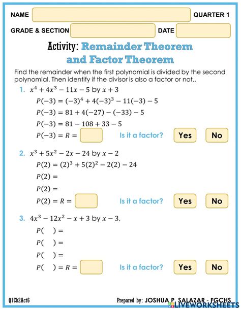 Remainder Factor Theorem Worksheet - FactorWorksheets.com