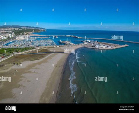 Aerial view of the beach in Vilanova i la Geltru in Barcelona, Spain ...