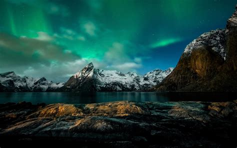 Norway, night, mountains, Northern lights, coast wallpaper | nature and landscape | Wallpaper Better