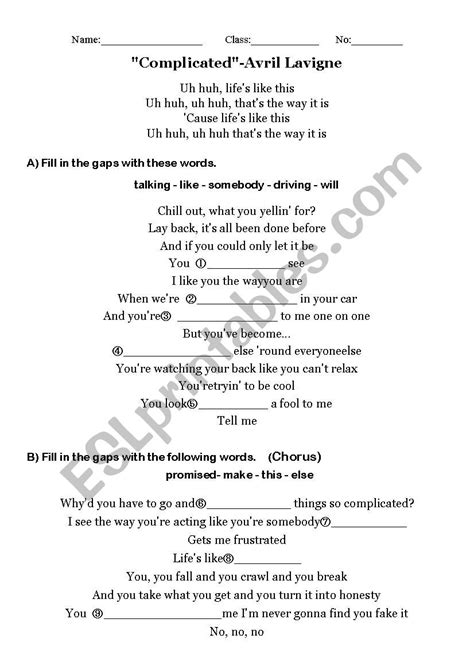 Avril Lavigne "Complicated" - ESL worksheet by des0737