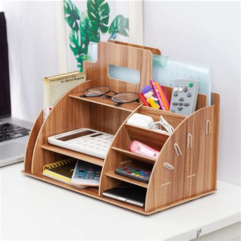 3X(Wood Desk Organizer Office Bureau Pen Holder Wooden Sorter with Der ...