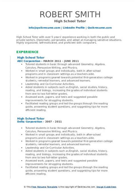 High School Tutor Resume Samples | QwikResume