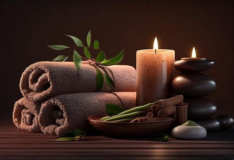 Premium Photo | A spa set with towels and candles on a table with a candle.