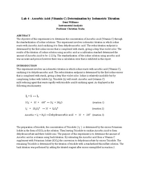 Lab 4 - Iodometric Titration of Vitamin C - Lab 4 - Ascorbic Acid ...
