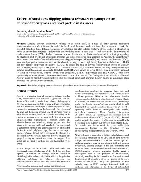 (PDF) Effects of smokeless dipping tobacco (Naswar) consumption on antioxidant enzymes and lipid ...