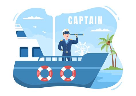 Man Cruise Ship Captain Cartoon Illustration in Sailor Uniform Riding a Ships, Looking with ...