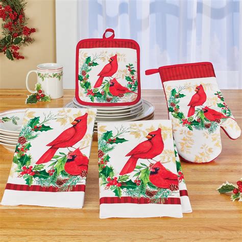 Printed Holiday Cardinal Kitchen Set - Set of 4 | Collections Etc.