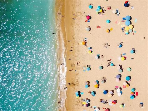 Aerial View From Flying Drone Of People Crowd Relaxing On Beach. In ...