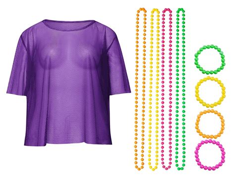 Purple Neon Fishnet Vest Top T-Shirt 1980s Costume Plus Beaded Necklace Bracelet