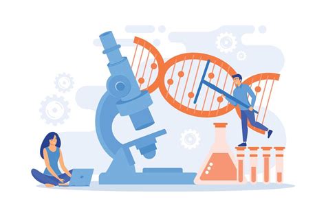 Microscope and scientists changing DNA structure. Genetic engineering, genetic modification and ...