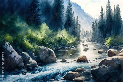 Digital watercolor painting of a river. 4k Wallpaper, background Stock Illustration | Adobe Stock