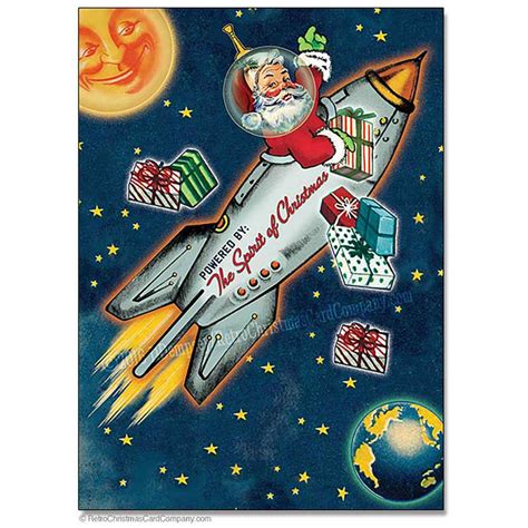 Space Age Santa Christmas Cards - Retro Rocket Christmas Cards