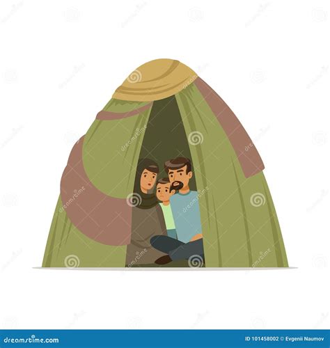 Stateless Refugee Family Living In A Camp, Social Assistance For Refugees Vector Illustration ...