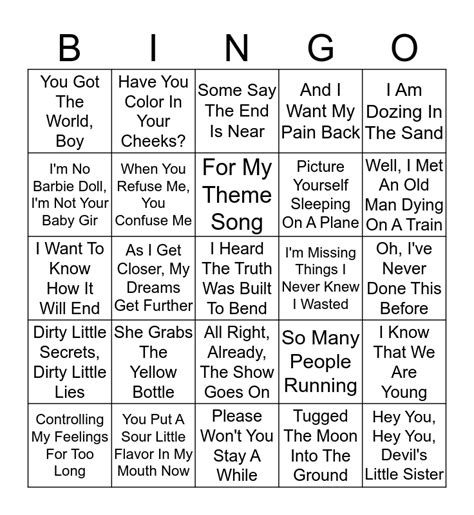 Random Song Lyrics 5 Bingo Card