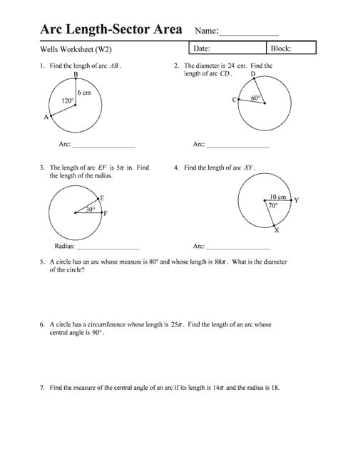 Arc Length Sector Area Wells Worksheet W2 - Fill and Sign Printable Template Online | US Legal Forms