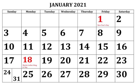 Free Printable January Holidays 2021 Calendar Template