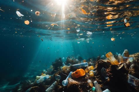 Underwater view of plastic trash floating on the water surface with sunlight | Premium AI ...