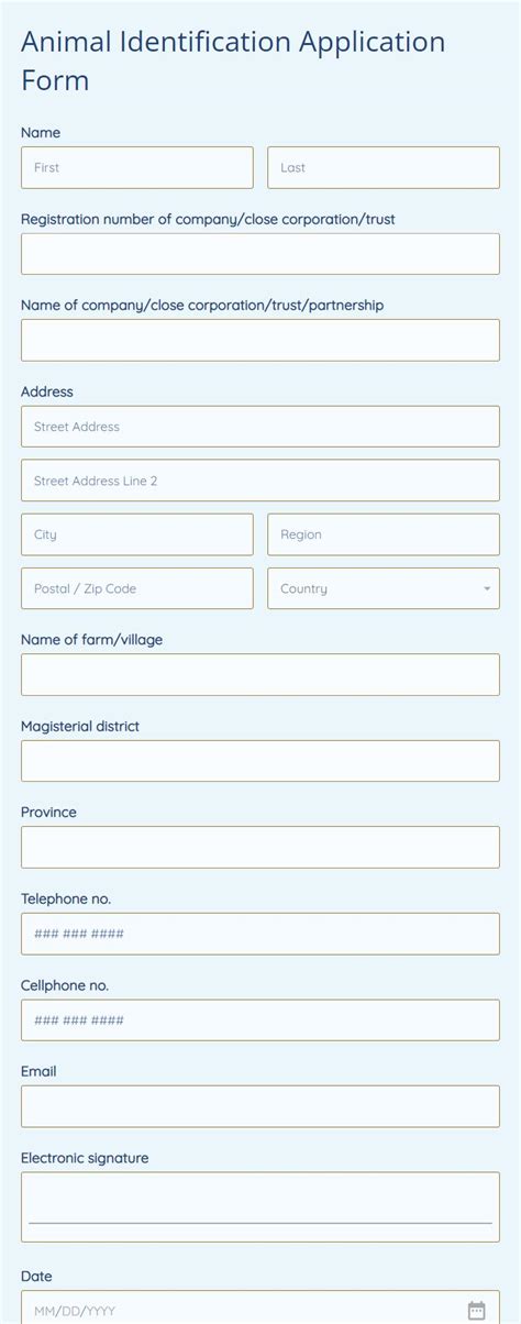 Free Animal Identification Application Form Template