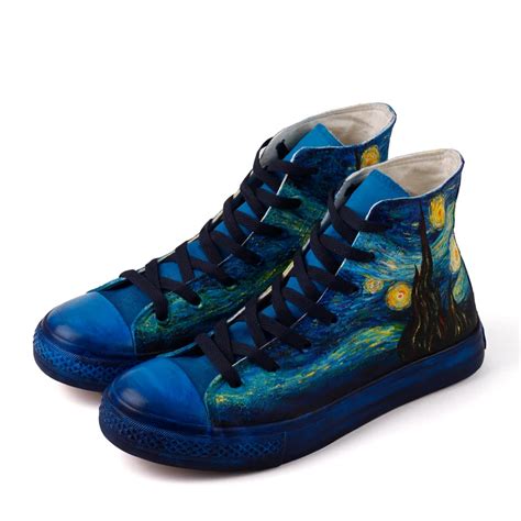 Women Canvas Shoes Original Design Van Gogh Famous Hand Painted High Up 2019 Fashion DIY Lace Up ...