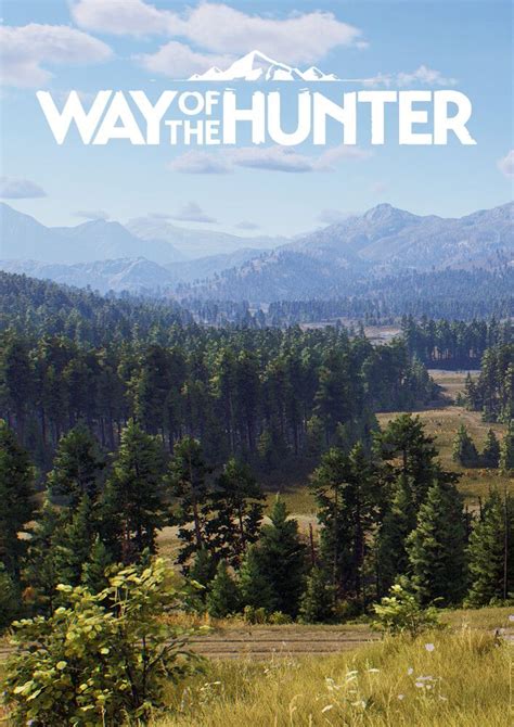 the title for way of the hunter, with mountains in the background and trees in the foreground