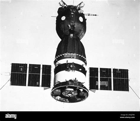 An excellent view of The Soviet Soyuz space craft shown in Earth orbit ...