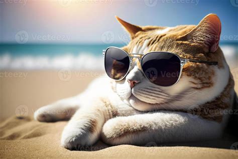 Cat with sunglasses chilling on the beach. Vacation, holiday mood ...