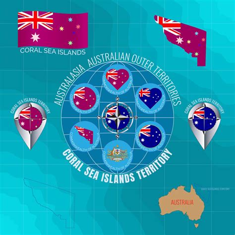 Set of vector illustrations of flag, outline map, icons CORAL SEA ...