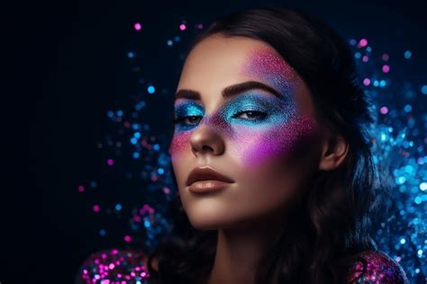 Premium AI Image | A woman with a glitter face and a purple and blue ...