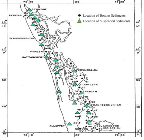 Vembanad Lake with sampling locations (bottom sediments and suspended ...