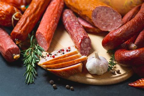 Different Types of Sausages and Meat Products on a Black Background. Stock Image - Image of ...