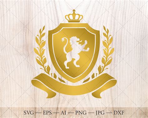 Shield with lion, crown, laurel wreath SVG in gold color. Family crest logo. Coat of arms svg ...