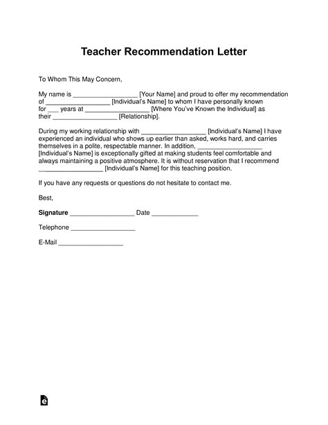 Free Teacher Recommendation Letter Template - with Samples - PDF | Word – eForms